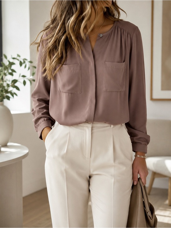 LOFT Tops - LOFT Dusty Mauve Hidden Button Pocket Blouse Medium Long Sleeve Career Top